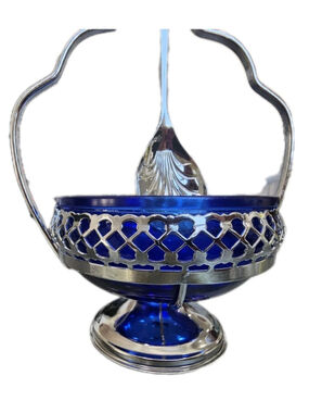 Vintage Cobalt Blue Glass Sugar Bowl Resting in Stainless Steal Basket